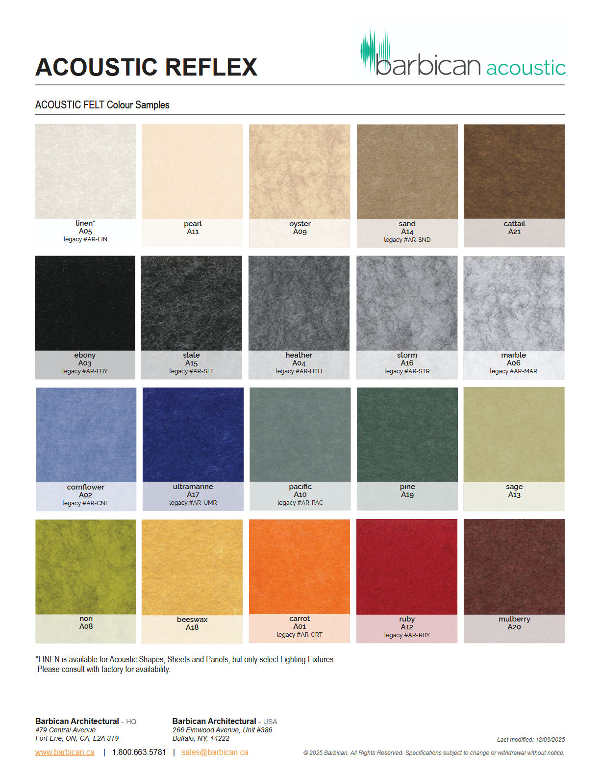 Barbican Acoustic Standard Colours